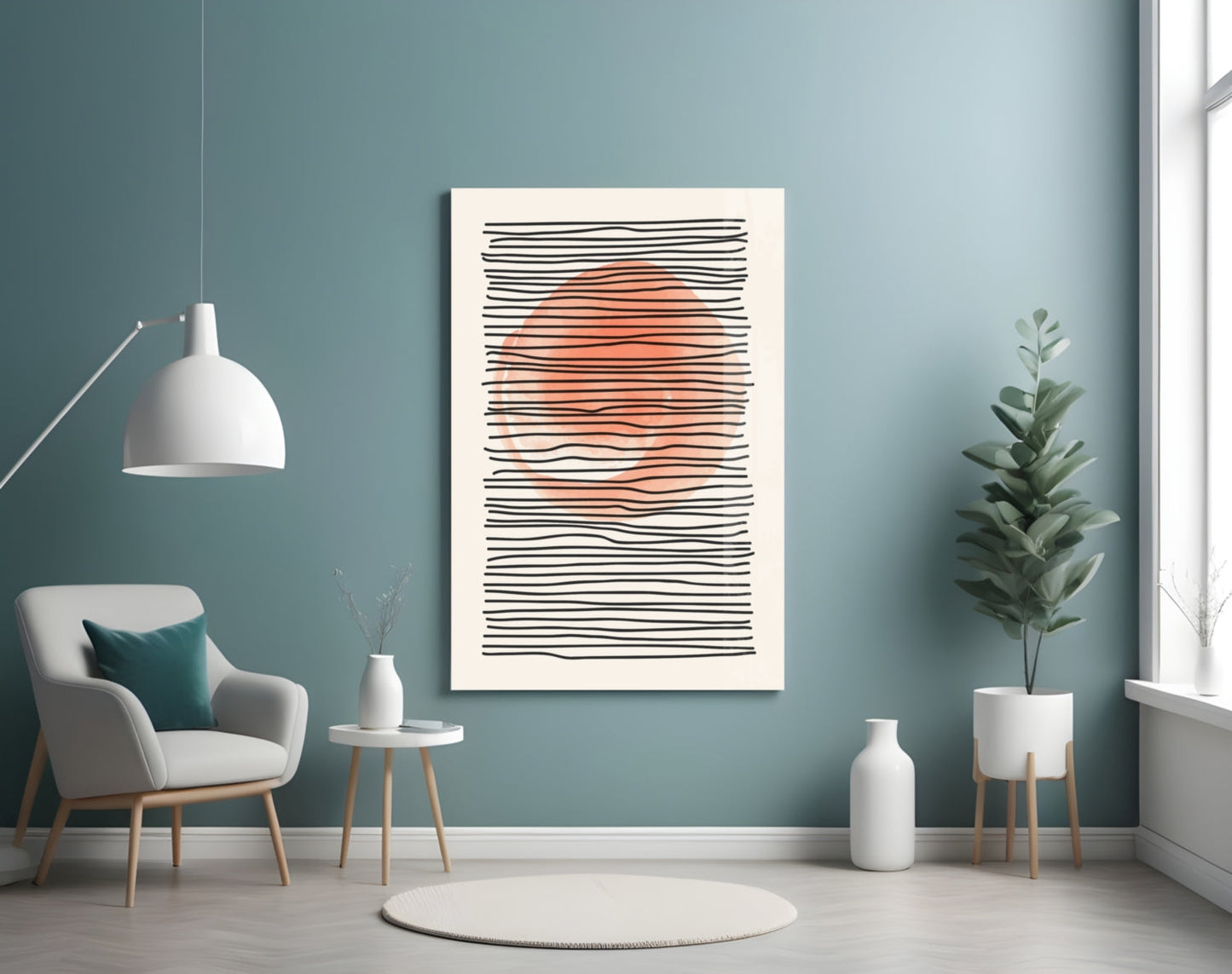 Modern living room with teal walls displaying framed abstract art featuring horizontal black lines with orange center band above white chair and potted plant.
