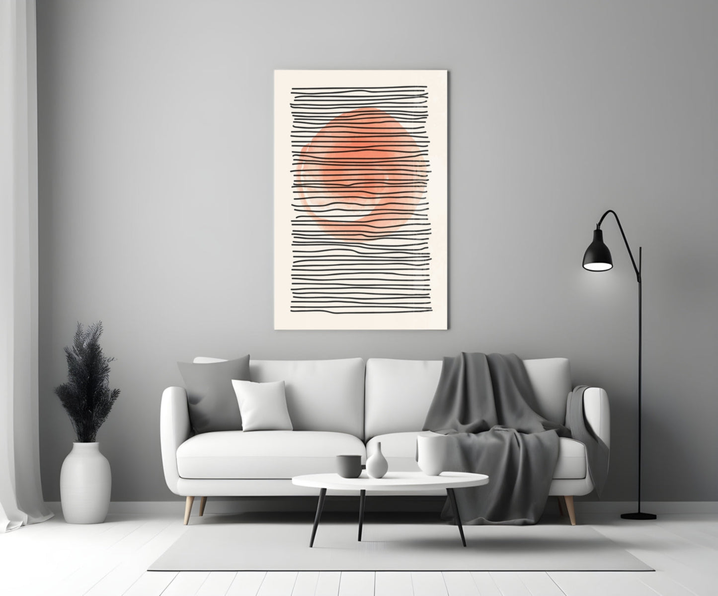 Abstract Sunset Glass Wall Art with black horizontal lines and coral-orange gradient displayed above white sofa in minimalist living room.