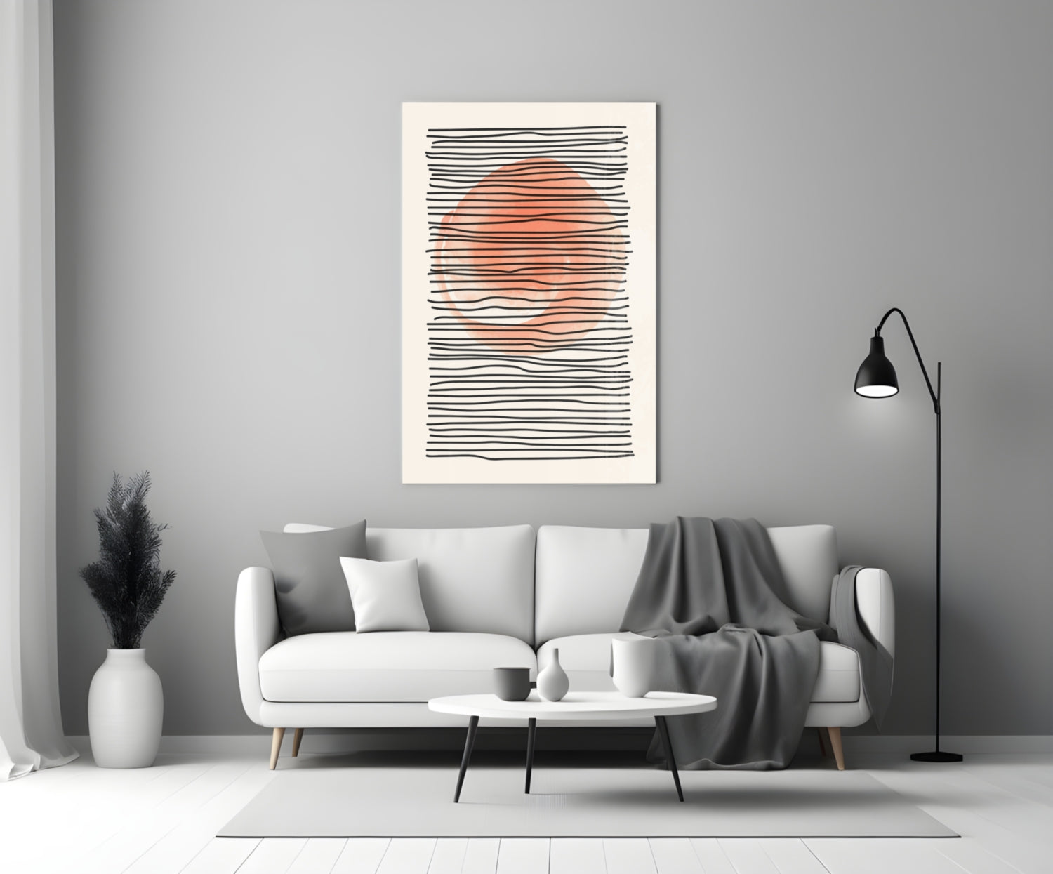 Abstract Sunset Glass Wall Art with black horizontal lines and coral-orange gradient displayed above white sofa in minimalist living room.
