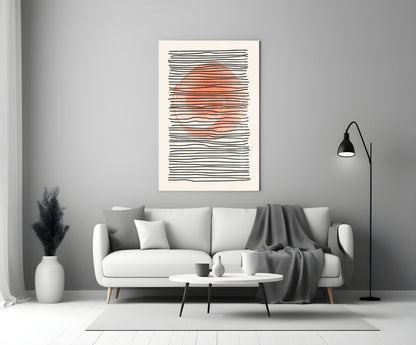 Abstract Sunset Glass Wall Art with black horizontal lines and coral-orange gradient displayed above white sofa in minimalist living room.