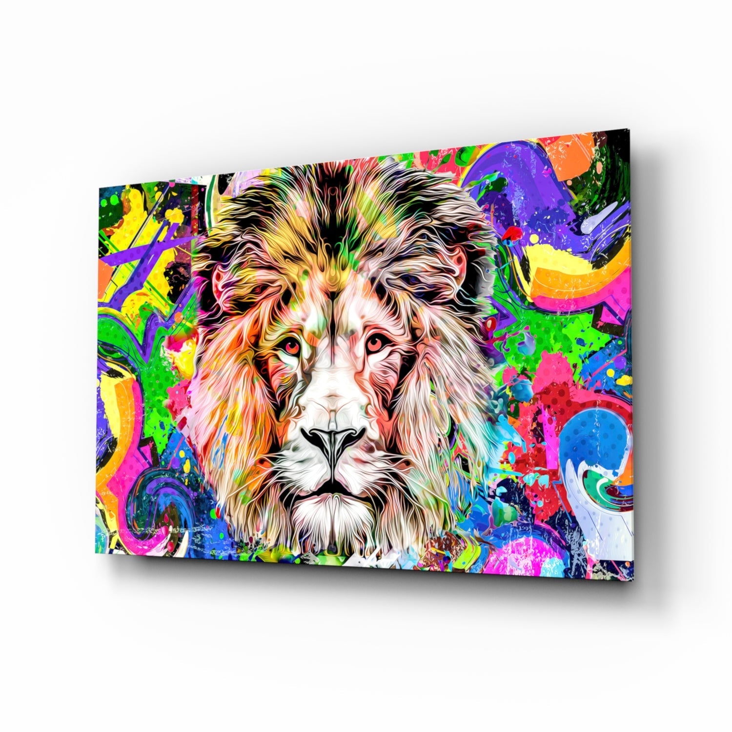 Angled view of a glass wall art panel featuring a colorful lion's head surrounded by vibrant abstract splashes and geometric shapes in neon hues.