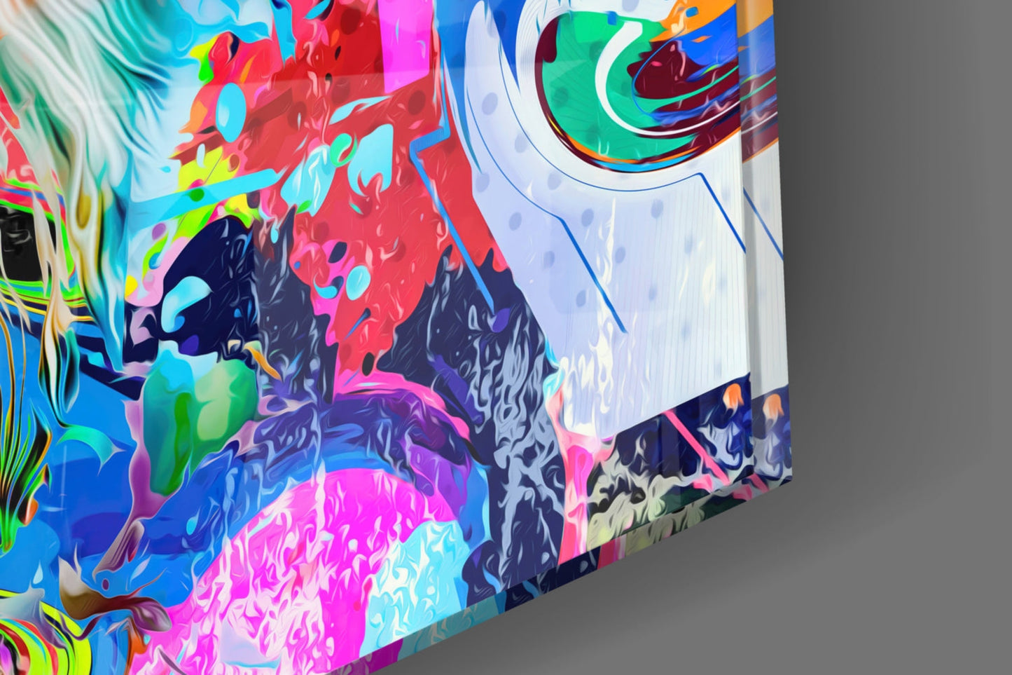 Angled view of vibrant multicolored glass wall art featuring abstract lion design with neon pink, blue, green, and purple layers.