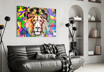 Vibrant multicolored lion portrait glass wall art displayed above black leather sofa in modern living room interior.