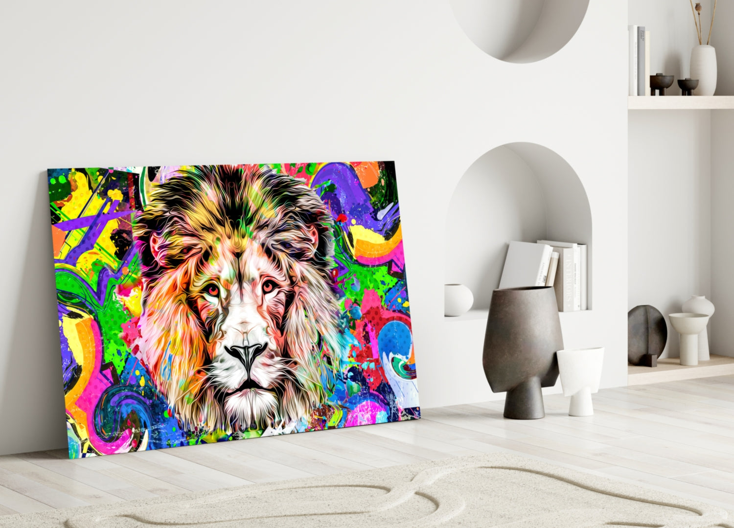 Vibrant pop art lion portrait with neon colors displayed as glass wall art in minimalist white interior space.
