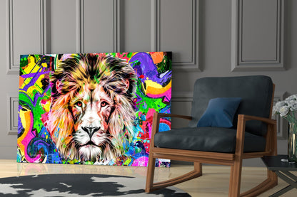 Colorful glass wall art featuring a vibrant lion's head displayed in a modern interior with wooden chair and paneled walls.