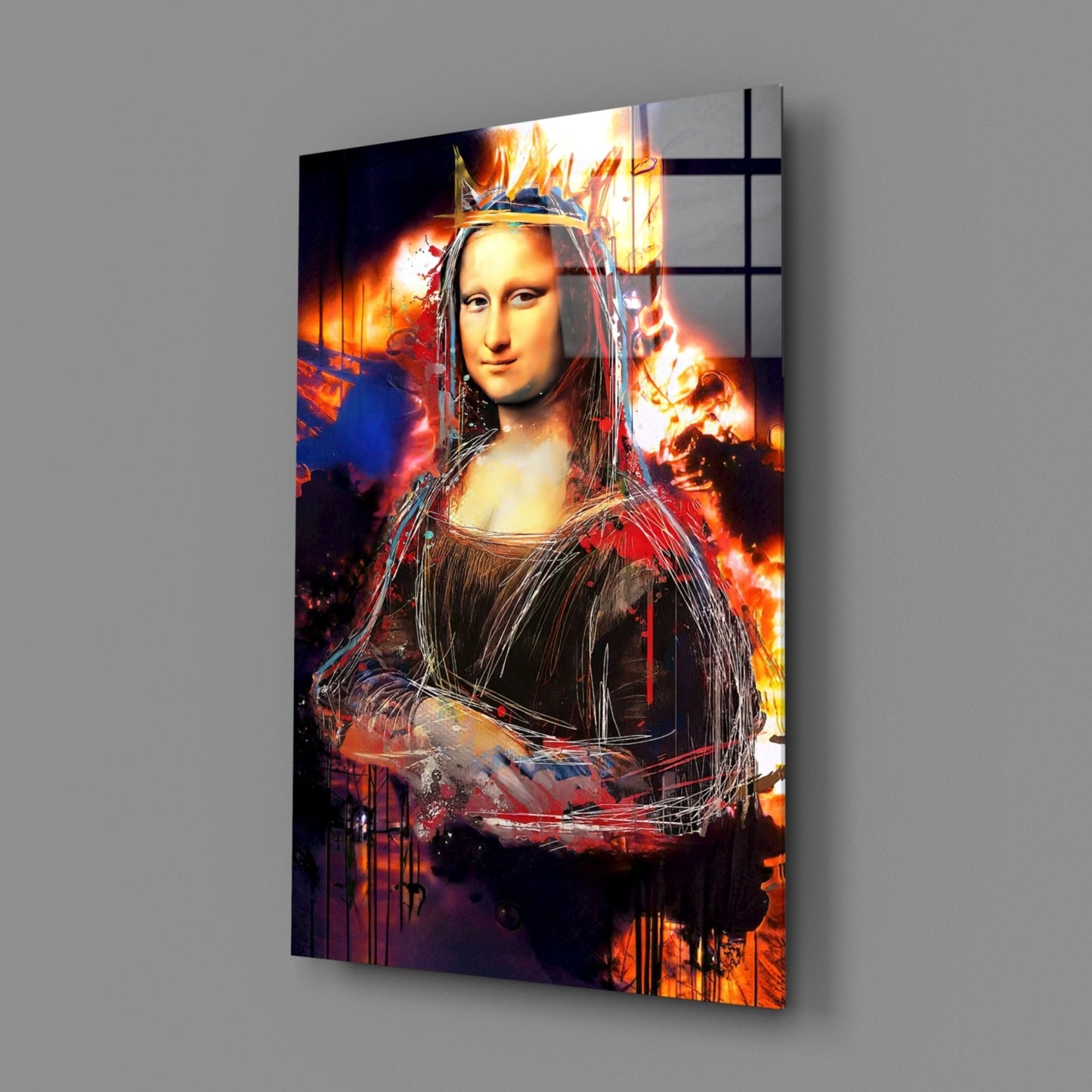 Angled perspective view of glass wall art featuring Mona Lisa with fiery orange and red flames backdrop and white line overlay details.