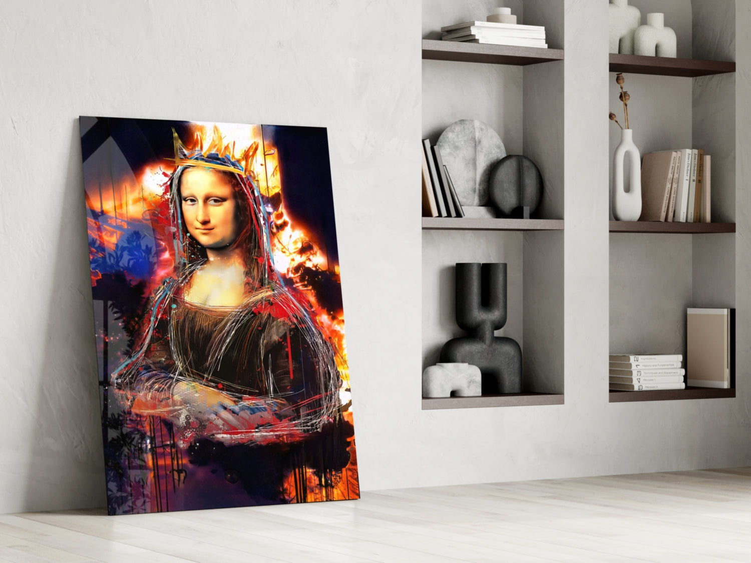 Vibrant glass wall art featuring Mona Lisa with fiery orange and blue digital effects, leaning against white wall beside shelving unit.