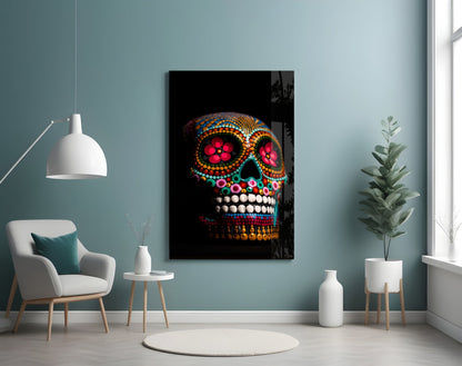 Rainbow Beaded Floral Sugar Skull Glass Wall Art