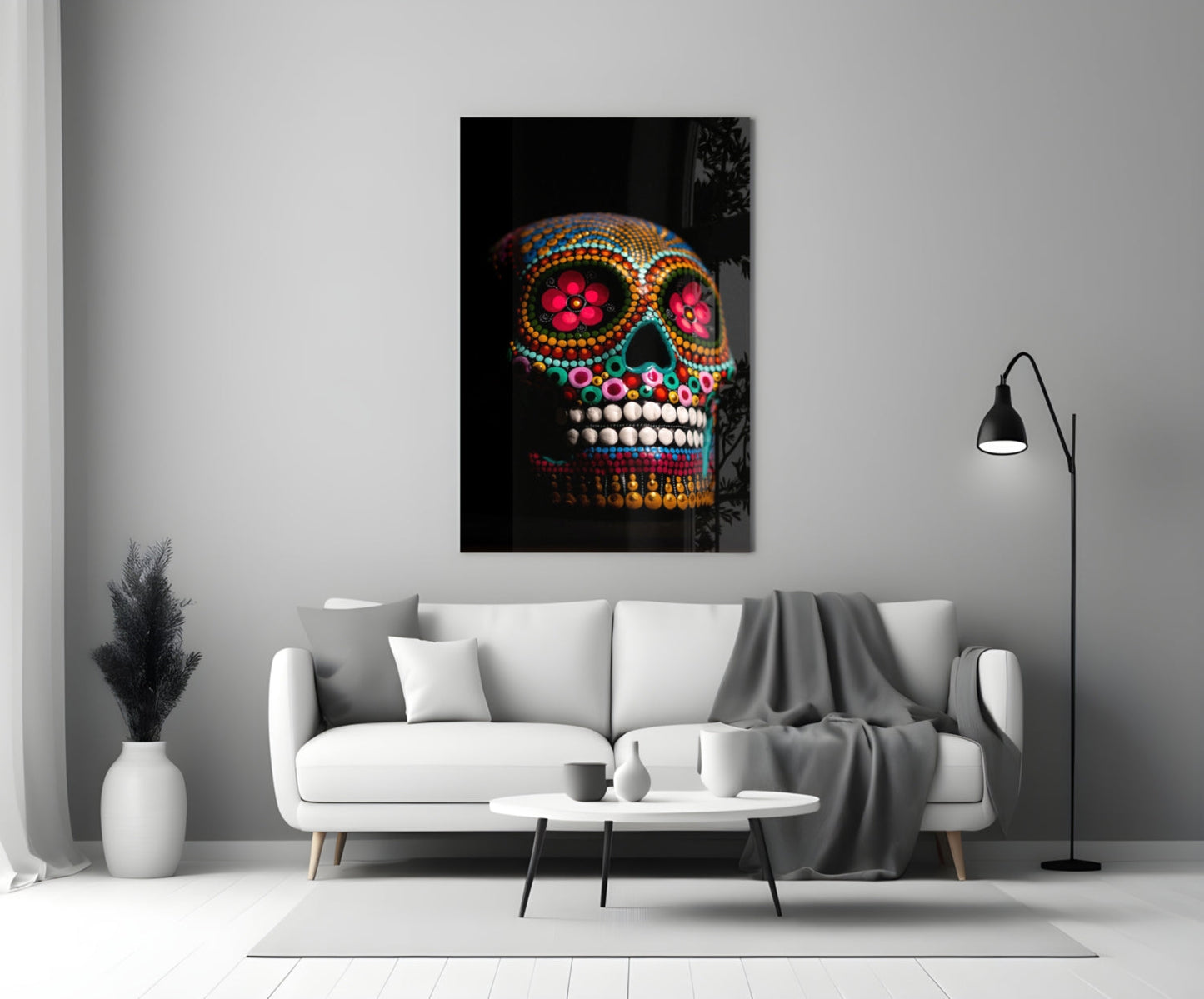 Rainbow Beaded Floral Sugar Skull Glass Wall Art