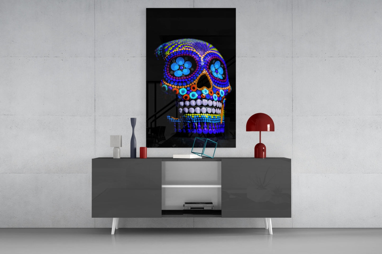 Cobalt Blue Beaded Sugar Skull Glass Wall Art