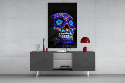 Cobalt Blue Beaded Sugar Skull Glass Wall Art