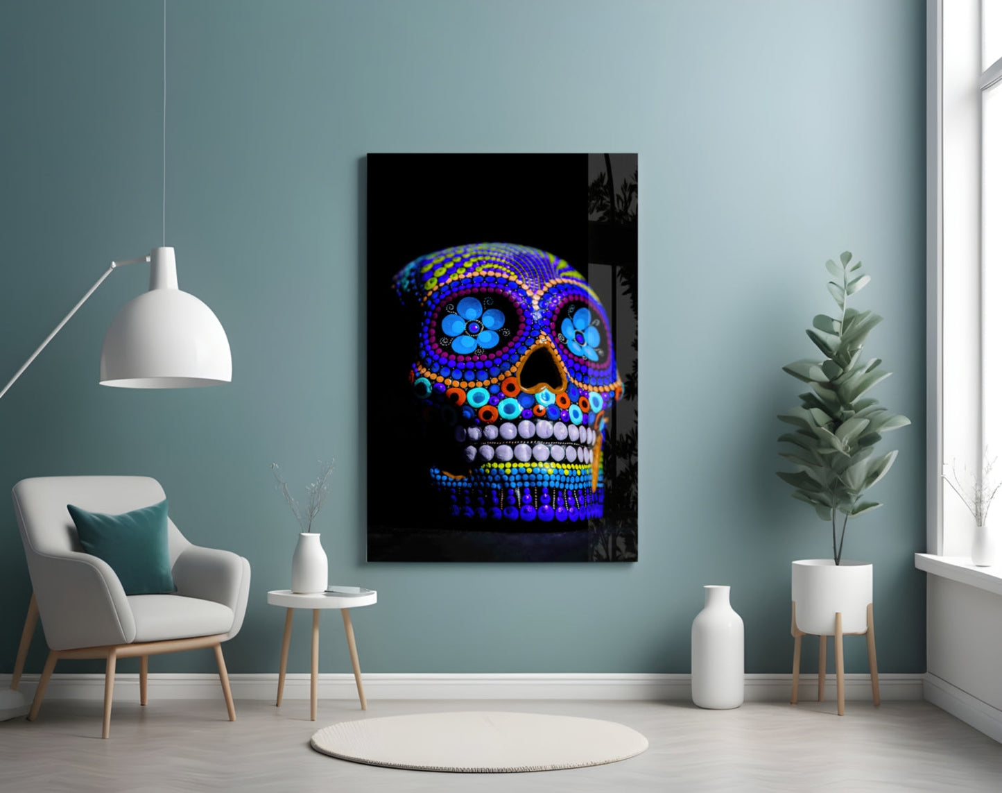 Cobalt Blue Beaded Sugar Skull Glass Wall Art