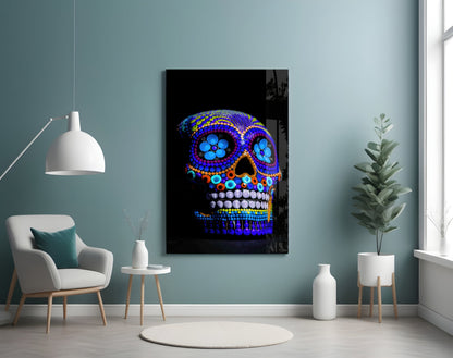 Cobalt Blue Beaded Sugar Skull Glass Wall Art