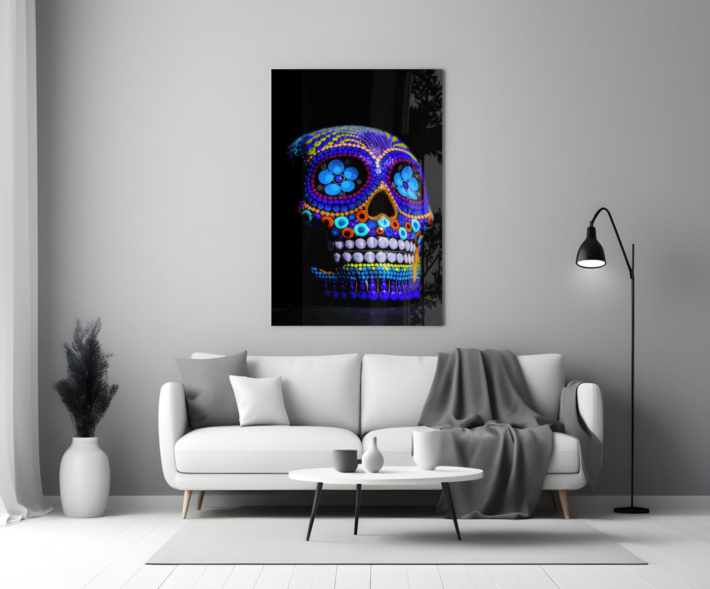 Cobalt Blue Beaded Sugar Skull Glass Wall Art