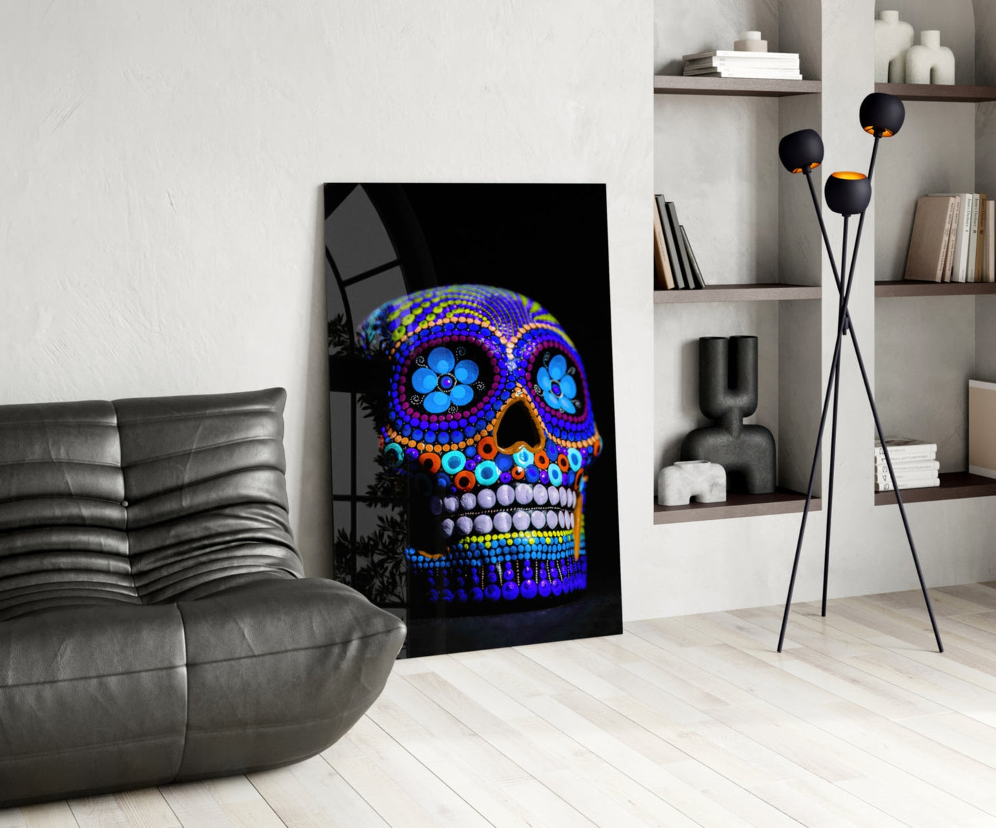 Cobalt Blue Beaded Sugar Skull Glass Wall Art