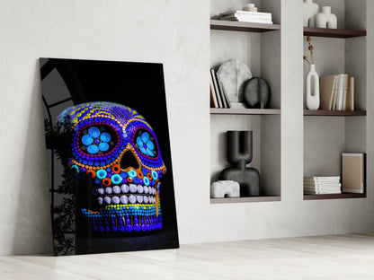 Cobalt Blue Beaded Sugar Skull Glass Wall Art