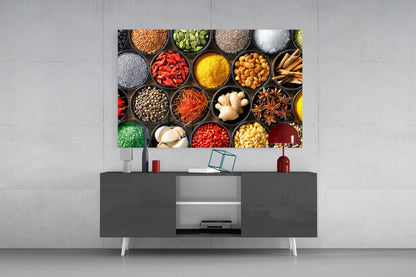 Grid Of Bowls Rainbow Spices Glass Wall Art
