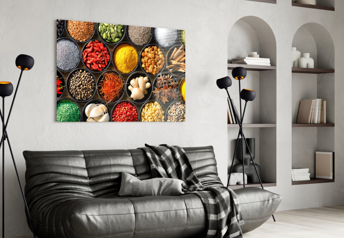 Grid Of Bowls Rainbow Spices Glass Wall Art