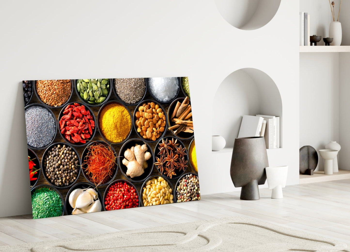 Grid Of Bowls Rainbow Spices Glass Wall Art