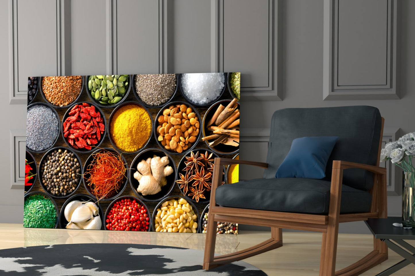 Grid Of Bowls Rainbow Spices Glass Wall Art