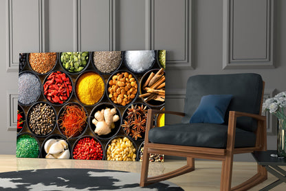 Grid Of Bowls Rainbow Spices Glass Wall Art