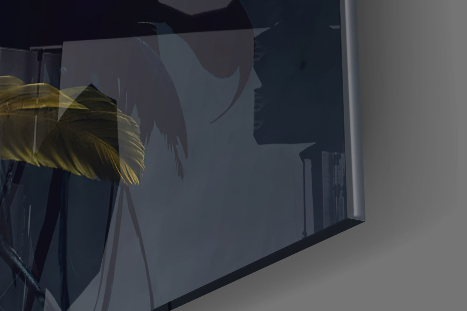 Red Indian Glass Wall Art displayed on wall showing abstract silhouette profile with golden leaf motif and dark background.