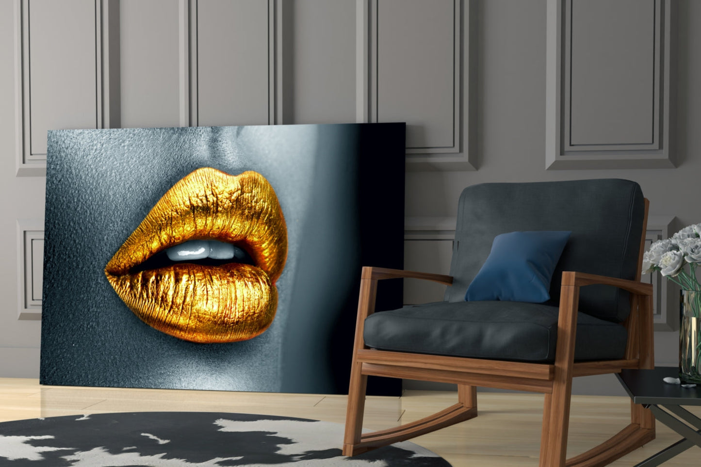 Golden Lips Glass Wall Art displayed in modern living room with mid-century wooden chair and gray paneled wall.