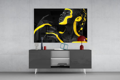 Yellow Woman Glass Wall Art displayed above gray media console, showing black and white portrait with neon yellow graphic overlay.
