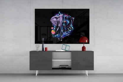 Neon diamond elephant glass wall art displayed on television mounted above gray media console in modern living room interior.