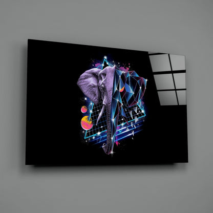 Diamond Elephant Glass Wall Art displayed at an angled perspective showing neon pink and blue geometric elephant design on black glass with window panes visible on right edge.