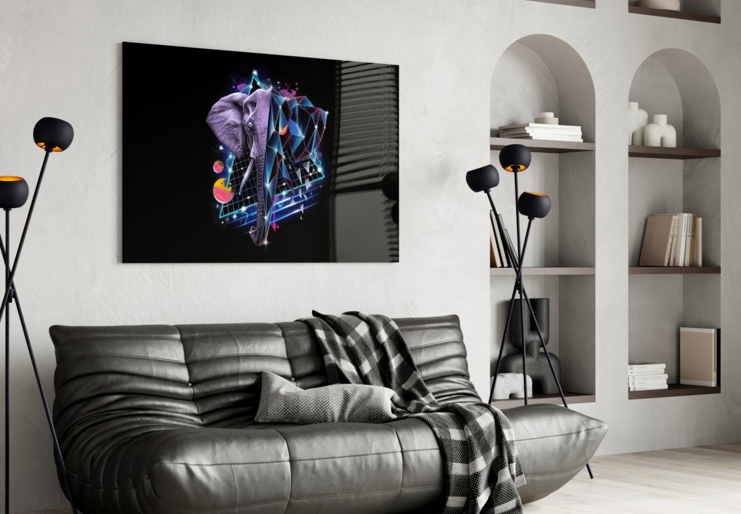 Diamond Elephant Glass Wall Art displayed above black leather sofa in modern living room with neon purple and blue geometric design on black background.