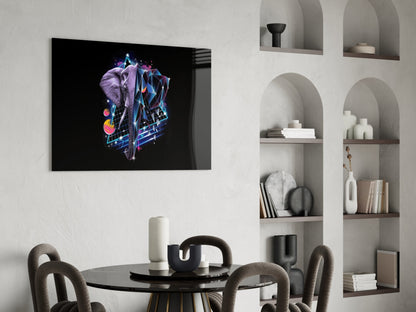 Neon elephant with geometric patterns and colorful orbs displayed on black glass mounted above a dining table in modern interior.