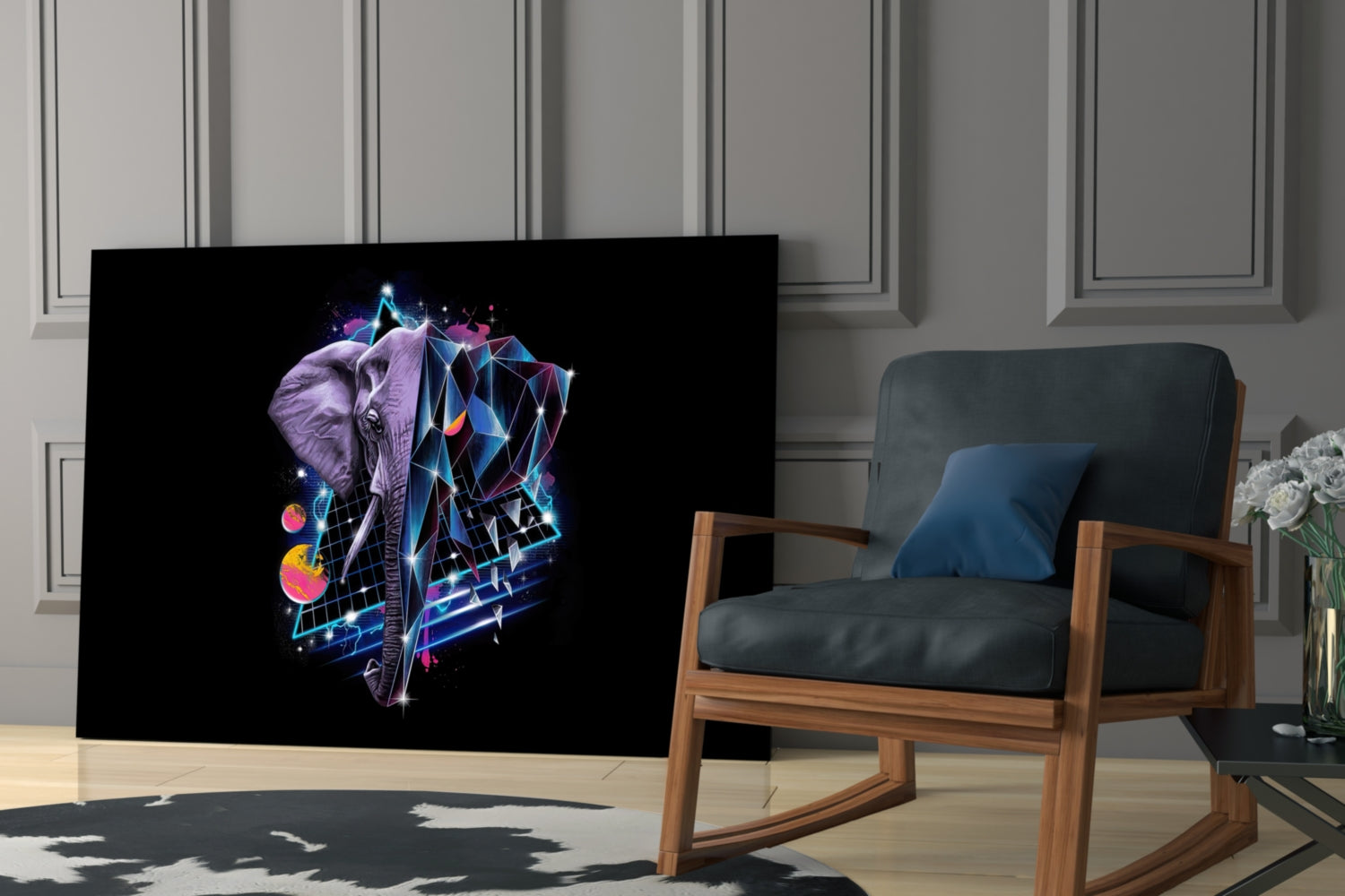 Diamond Elephant Glass Wall Art displayed on black glass panel in modern living room with wooden chair and grey walls.