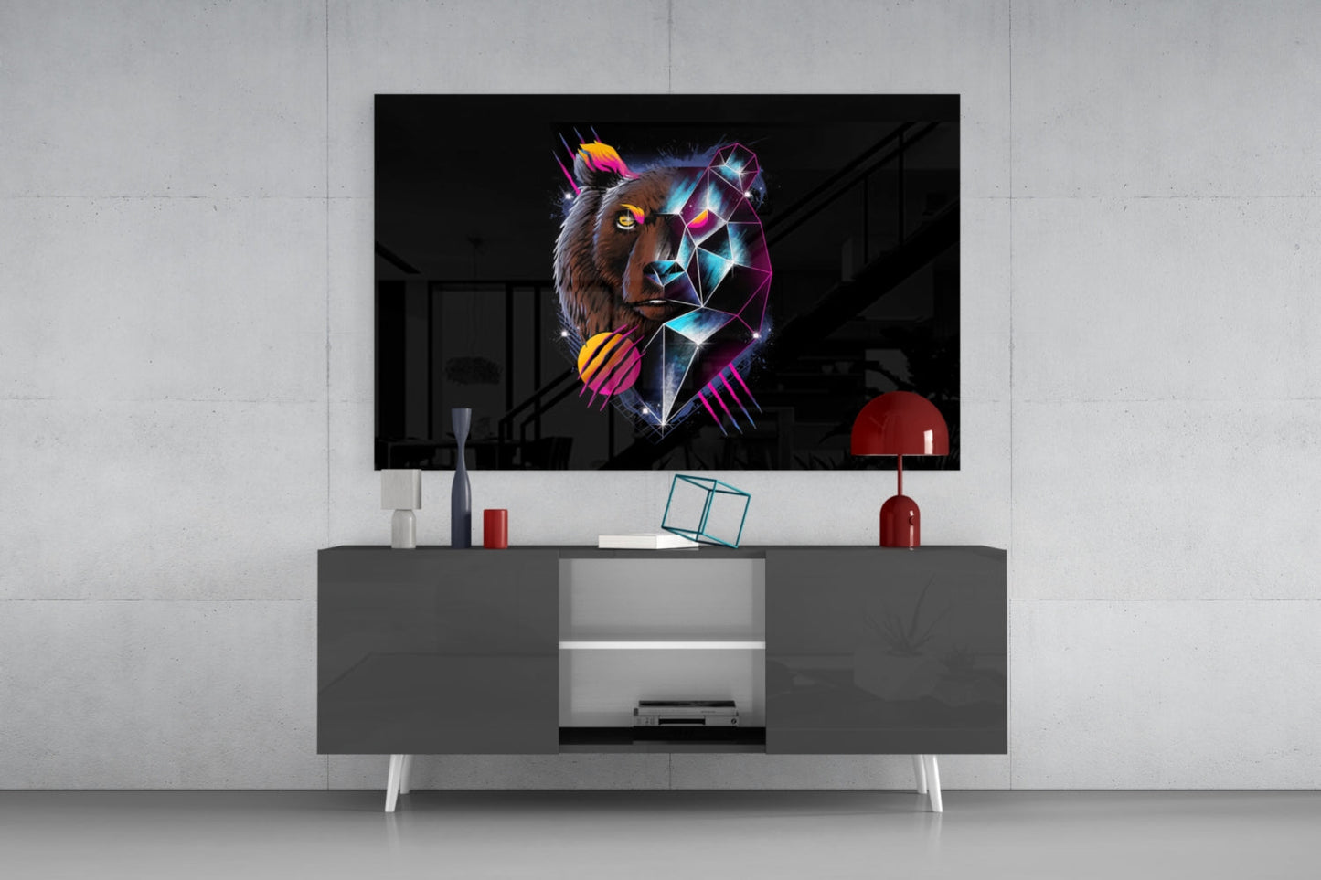 Neon diamond bear glass wall art displayed above gray media console in modern living room interior.