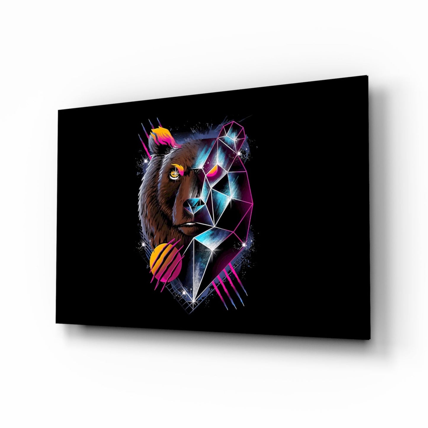 Black glass wall art featuring a neon-styled bear head with geometric polygonal patterns in cyan, magenta, and yellow accents, displayed at an angle.