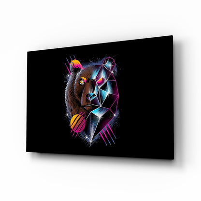 Black glass wall art featuring a neon-styled bear head with geometric polygonal patterns in cyan, magenta, and yellow accents, displayed at an angle.