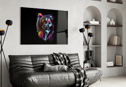 Diamond Bear Glass Wall Art displayed above a gray leather sofa in a modern living room with shelving and decorative accents.