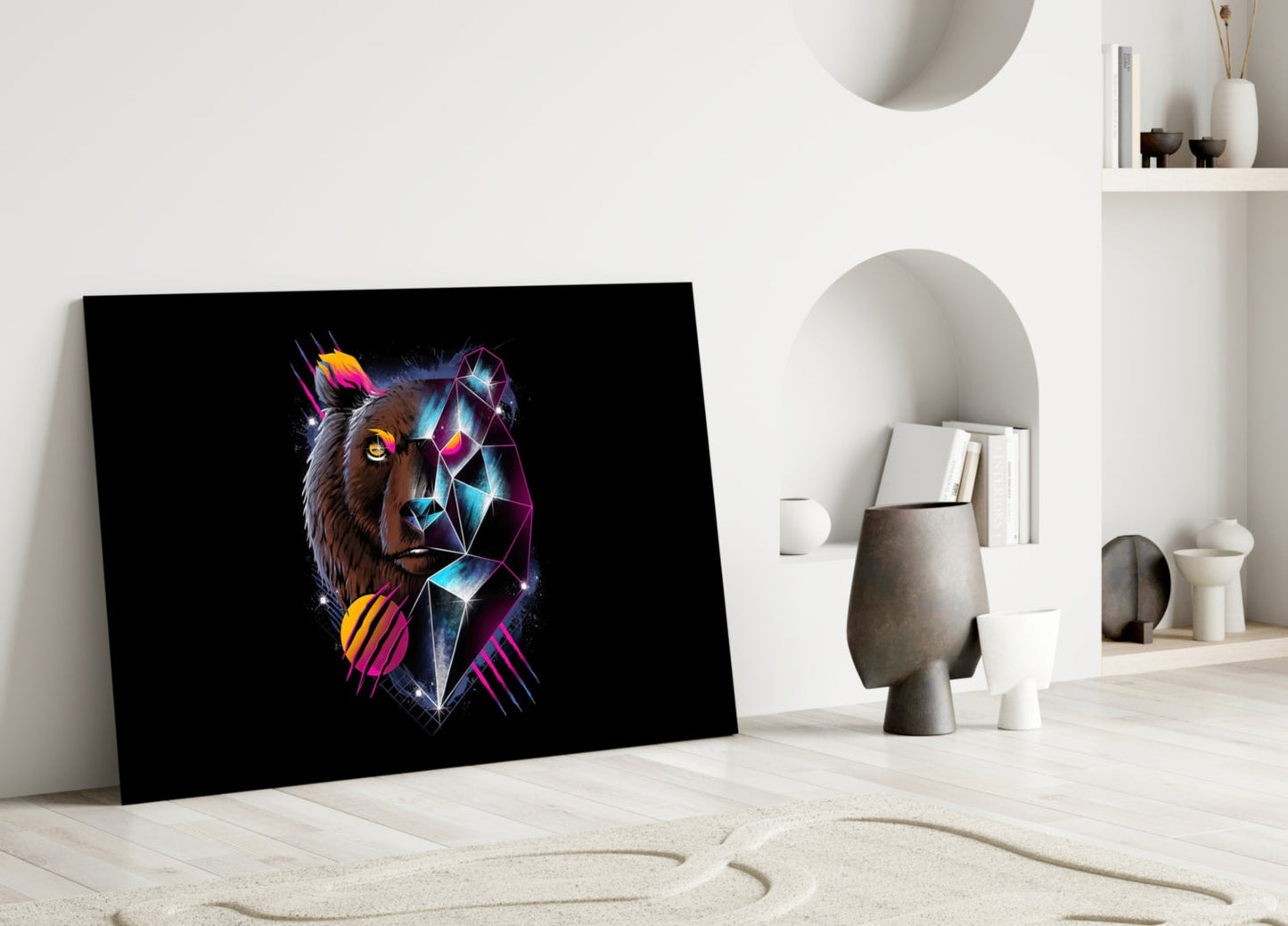 Diamond Bear Glass Wall Art leaning against white wall in minimalist room with neon geometric bear design on black background.