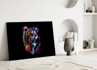 Diamond Bear Glass Wall Art leaning against white wall in minimalist room with neon geometric bear design on black background.