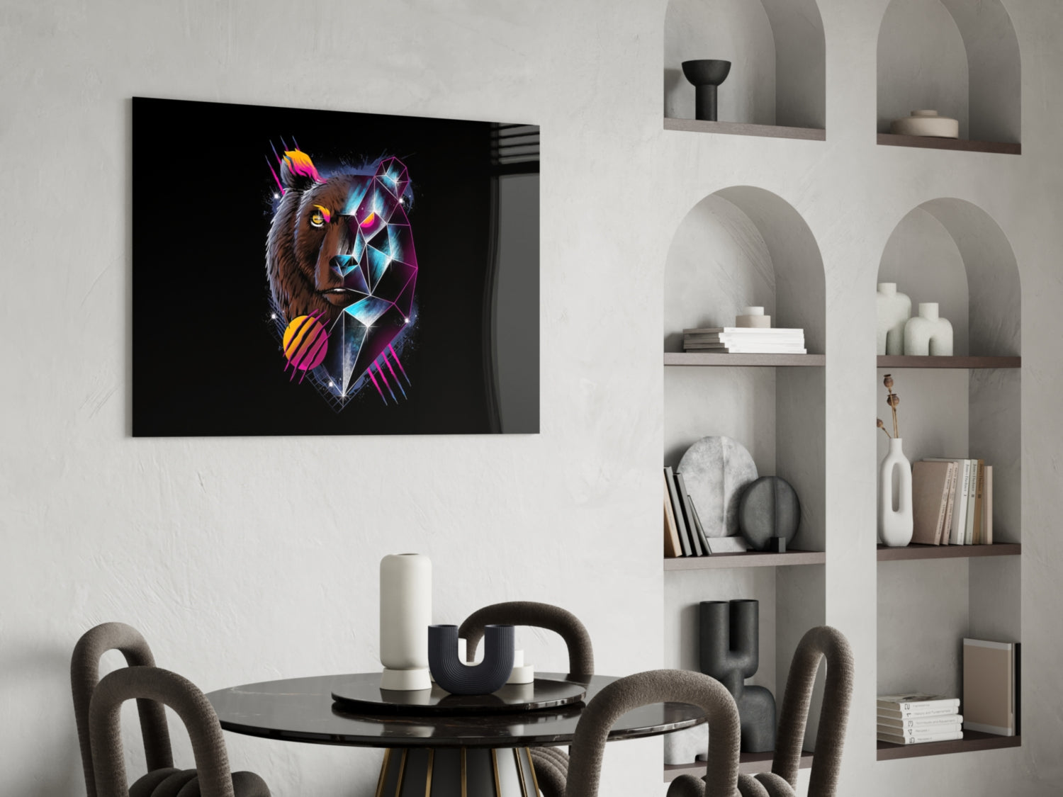 Neon geometric bear head with glowing yellow eyes and magenta accents displayed on black glass mounted above dining table.