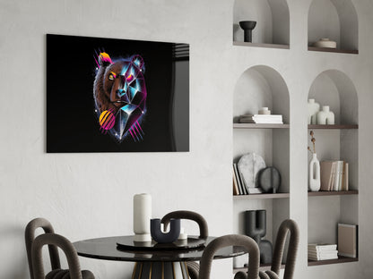 Neon geometric bear head with glowing yellow eyes and magenta accents displayed on black glass mounted above dining table.