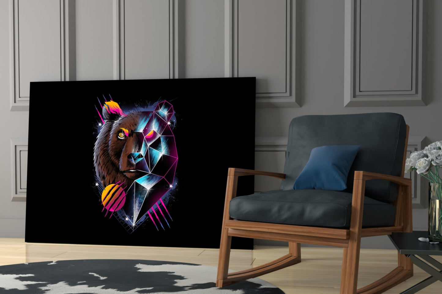 Diamond Bear Glass Wall Art displayed on living room wall next to wooden chair, featuring neon geometric lion design on black background.