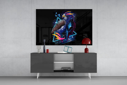 Diamond Hawk Glass Wall Art displaying neon-style eagle with blue and pink geometric triangles, mounted above gray TV console in modern living room.