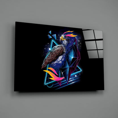 Diamond Hawk Glass Wall Art displayed at an angle showing neon-lit eagle illustration with blue, pink, and yellow geometric patterns on black background.