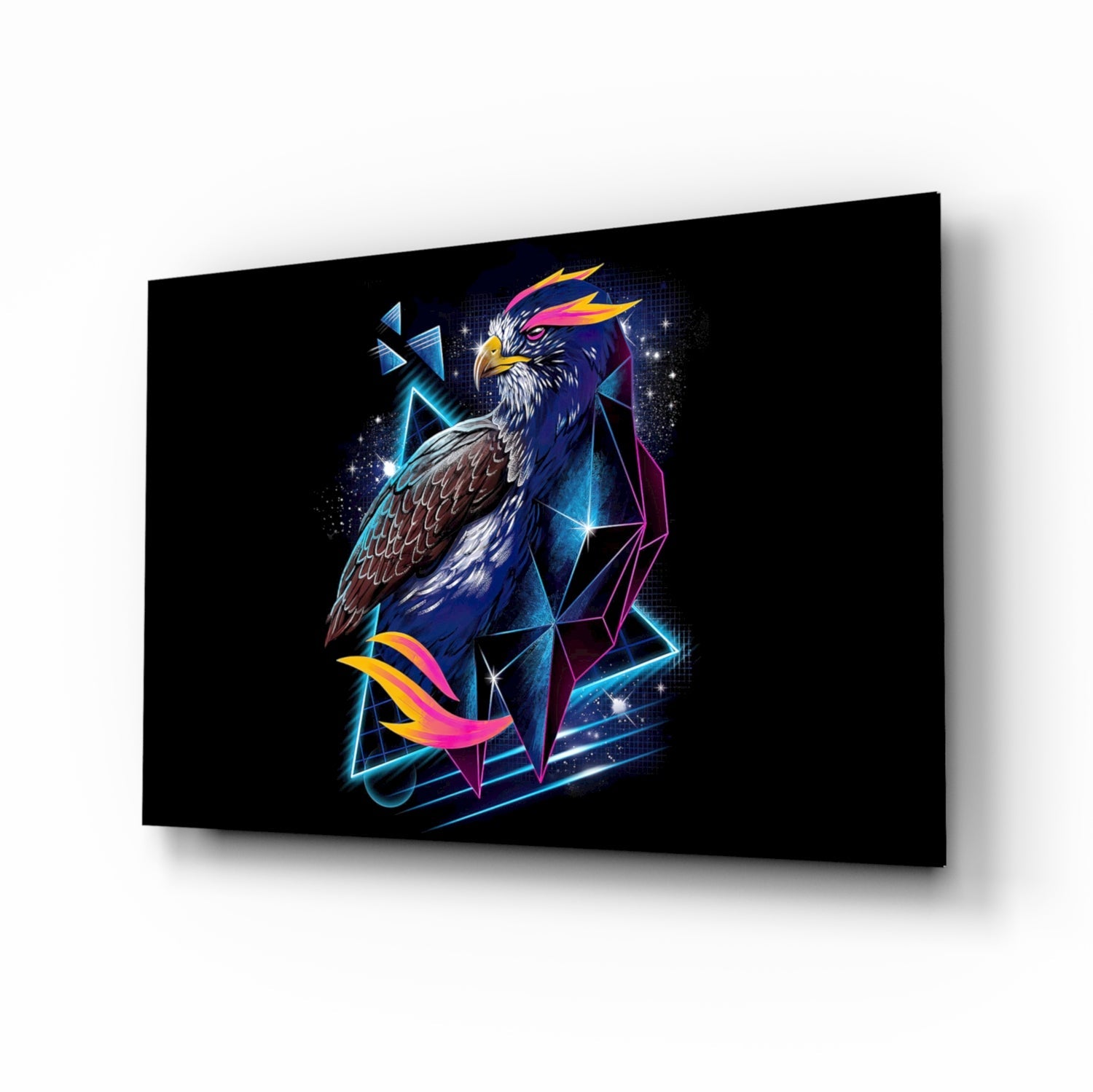 Black glass wall art panel featuring a neon-style eagle with blue, pink, and yellow geometric shapes against a dark background, angled perspective view.