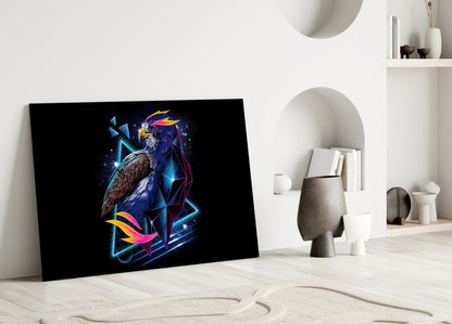 Diamond Hawk Glass Wall Art leaning against white wall in minimalist room, displaying neon blue and pink eagle design on black background.