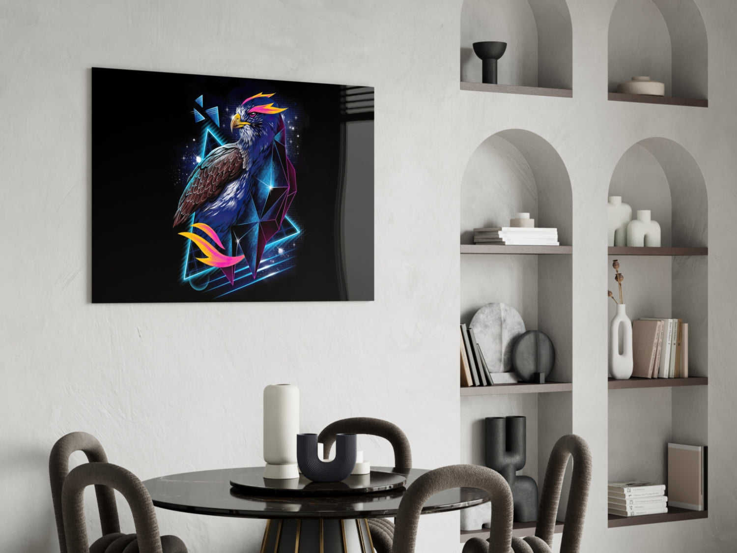 Neon-style eagle glass wall art displayed above a dining table in a modern interior with shelving.