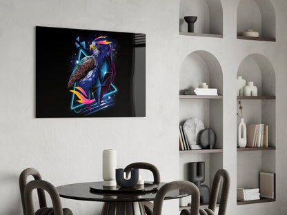 Neon-style eagle glass wall art displayed above a dining table in a modern interior with shelving.