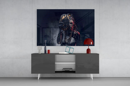 Modern living room with dark gray media console displaying glass wall art of masked figure with gold and red details above television screen.