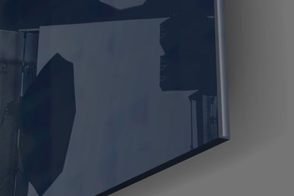 Silhouetted figures visible through frosted glass panel mounted on wall, side angle view.